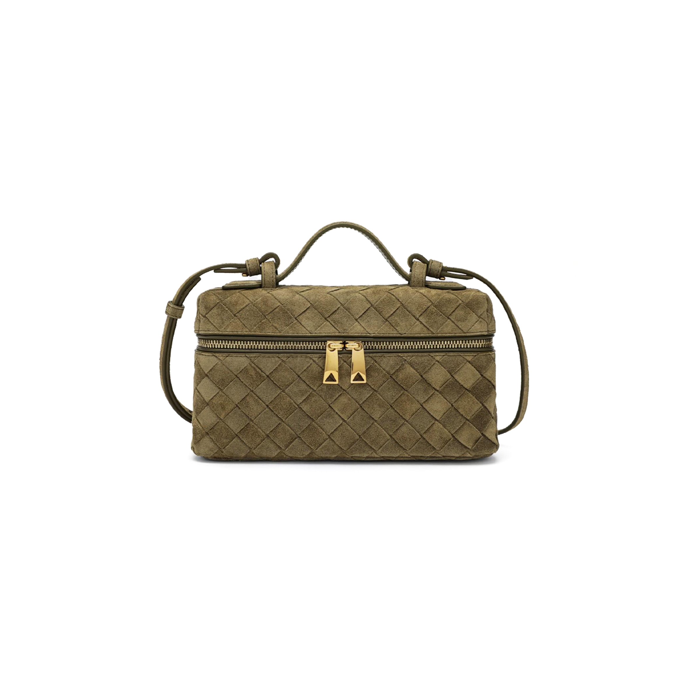 BOTTEGA VENETA GREEN BANG BANG VANITY CASE MUD SUEDE BAG 789109 (22*12.5*5cm)